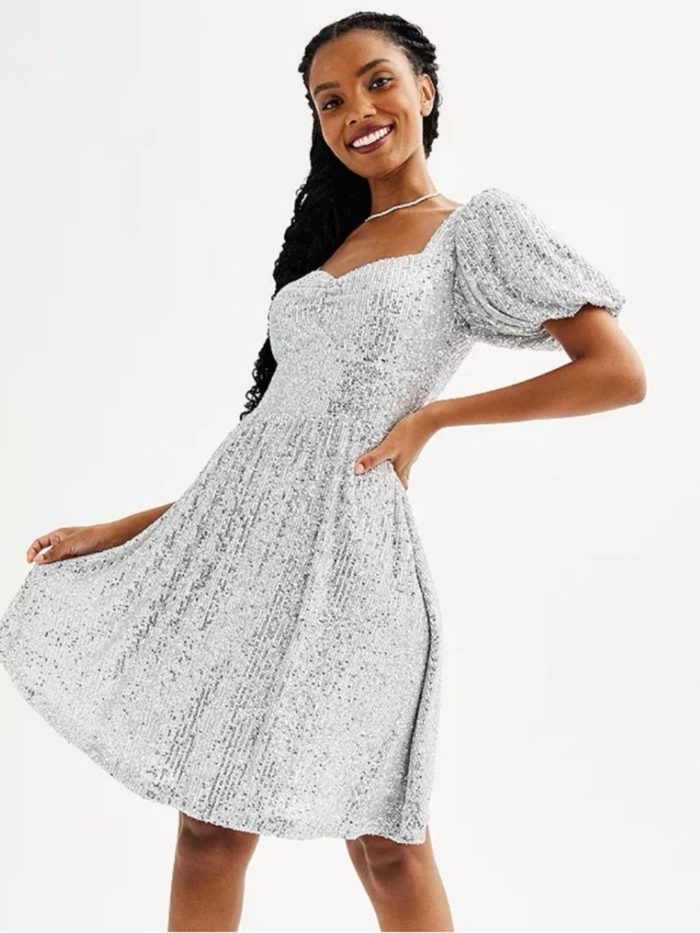 SO Silver Sequin Puff-Sleeve Mini Dress